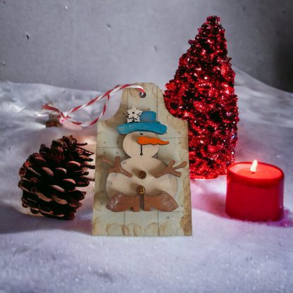 whimsical wooden snowman